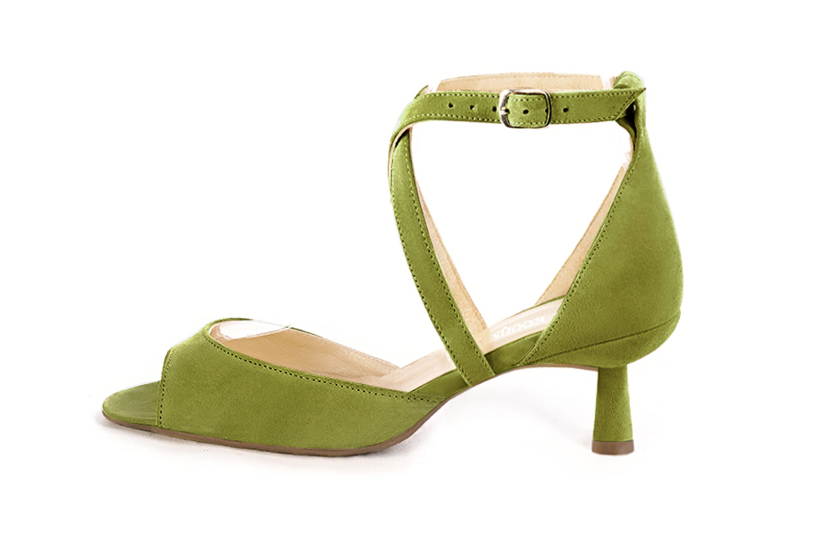 Women's pistachio green elegant sandals closed at the back with crossed straps. Square toe. Medium spool heels - Profile view